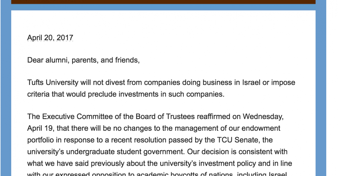 Tufts University Board of Trustees Unequivocally Rejects Divestment from Israel